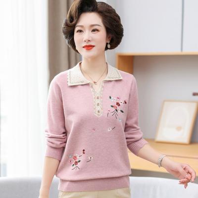 Light Mother Spring New Lapel Embroidered Shirt Middle-aged and Elderly Bottoming Shirt Top Spring Knitted Sweater Thin