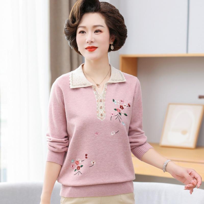 Light mother spring new lapel embroidered shirt middle-aged and elderly bottoming shirt top spring knitted sweater thin