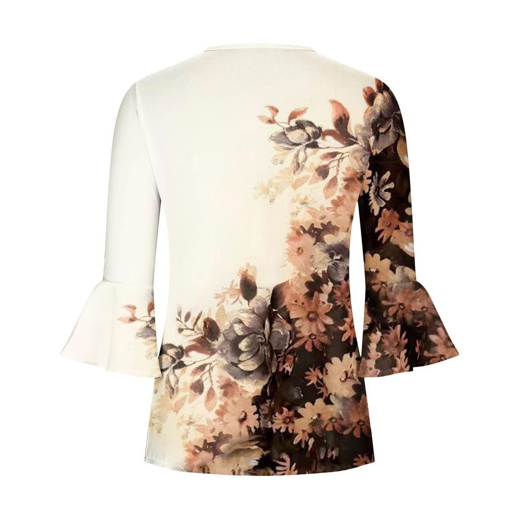 Ladies Top Floral Print V-Neck Short Sleeve Button T-Shirt