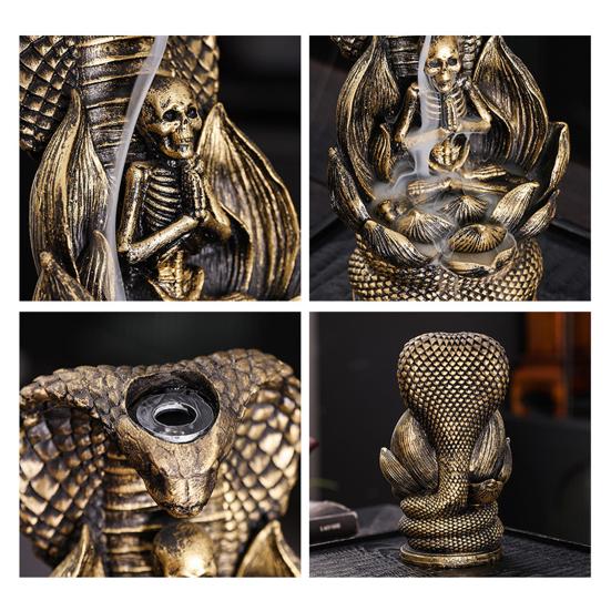 Skull Snake Incense Burner Holder Backflow Waterfall Cone Incense Holder Zen Skeleton Incense Burner for Home Bedroom Yoga Aromatherapy Relaxation