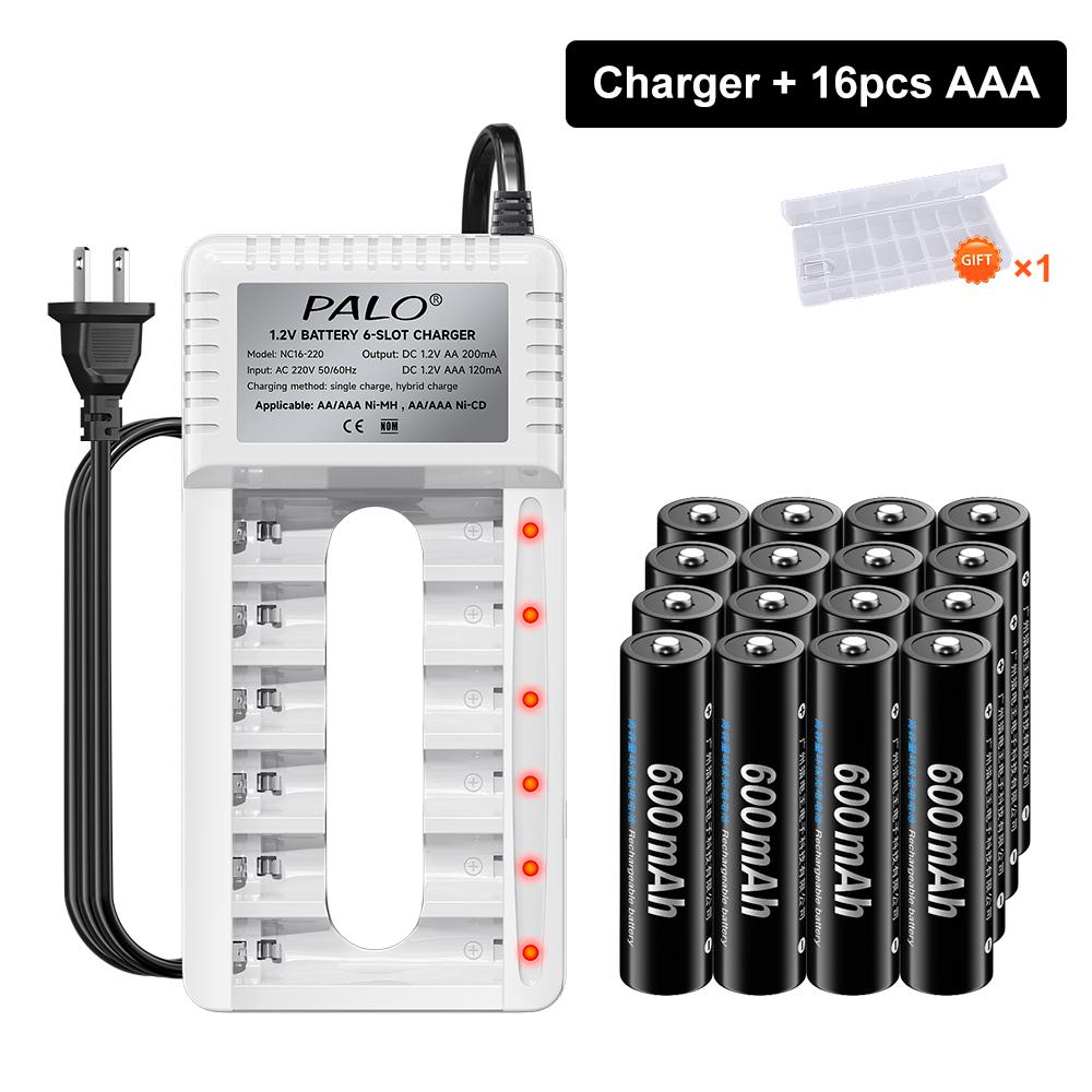 PALO Rechargeable Battery AA 1.2V Ni-MH Batteirse AA(HR6) 1300mAh and AAA(HR03) 600mAh NI-MH 2A/3A Rechargeable Batteries+6-slot charger
