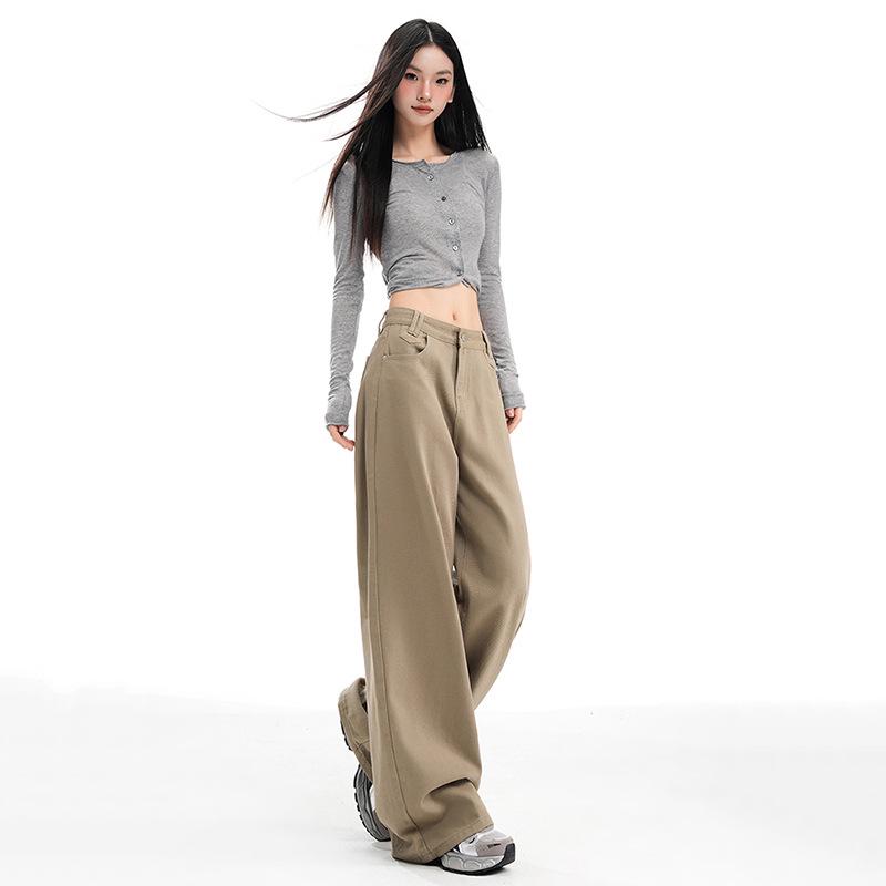 Women's American Retro Wide-Leg High-Waist Khaki Jeans - Versatile Plus Size, Autumn 2025 Collection