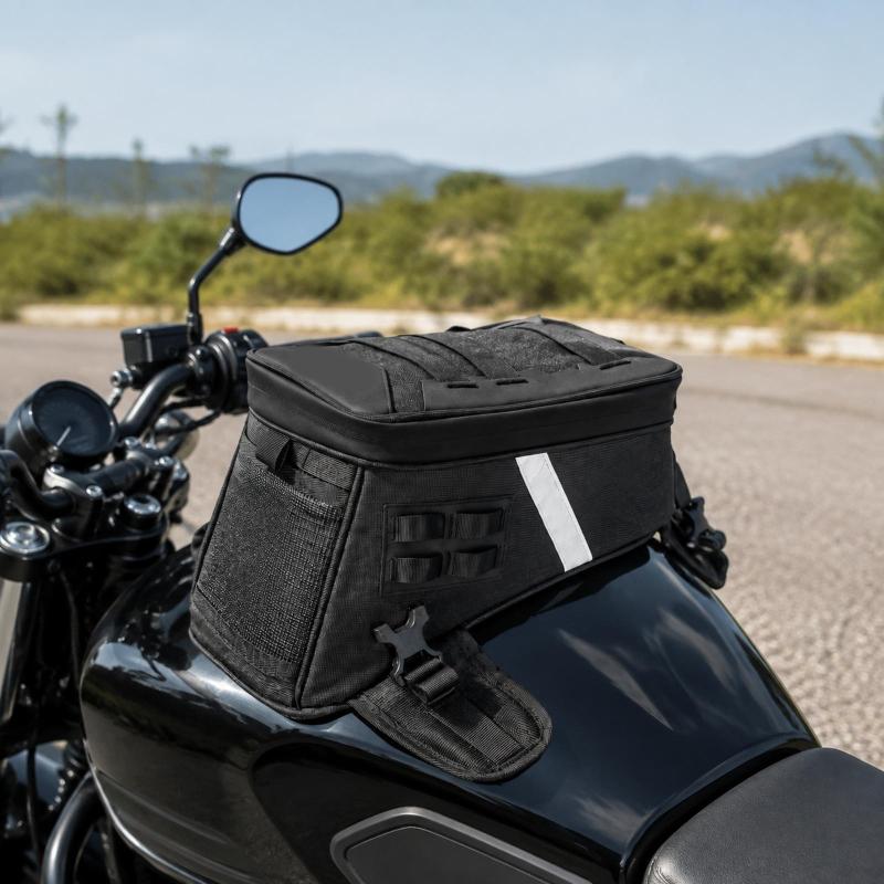 Motorcycle Tank Storage Bag, 5L Polyester Fabric Pouch with Buckle Strap Mounting, Top Opening Access and Carry Along Use for Road Travel Stops