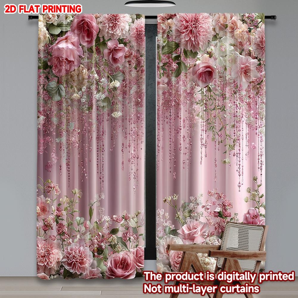 

Set Of 2 Flat Printing Happy Valentine Day Drapes Watercolor Powder Flower Digital Printed Polyester All Season Party Curtains Made W100*H70(CM)-Hooks&2PCS