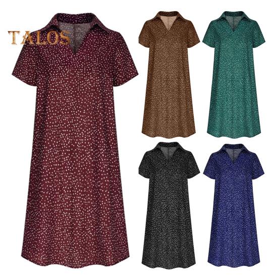 Summer Dress Dot Printing Short Sleeves Loose A-line Shirt Dress V Neck Knee Length Midi Dress for Dating Travel Vacation