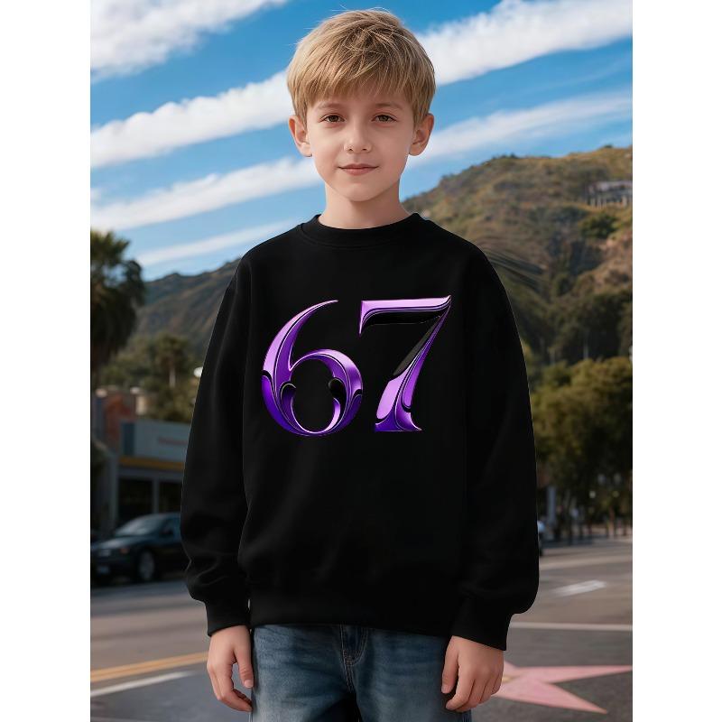 Unisex Kids Crewneck Sweatshirt, 3D Metallic Purple Number 67 Print Long Sleeve Pullover, Boys Girls Birthday Sweatshirt For Kids Over 4 Years Old