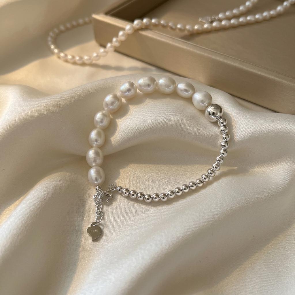 Handmade 925 Sterling Silver Freshwater Pearl Beaded Bracelet for Women Fine Jewelry Pearl Bracelets & Bangles