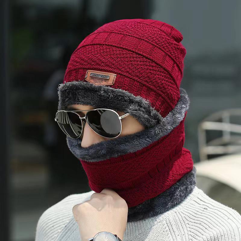Scaldaorecchie Invernali da Uomo e Cappello in Maglia di Velluto con Protezione per il Collo Ispessita - Set da Due Pezzi