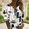 Women Plus Size V Neck Front Zip Geometric Printed Long Sleeve Ribbed Cuffs Sweatshirt