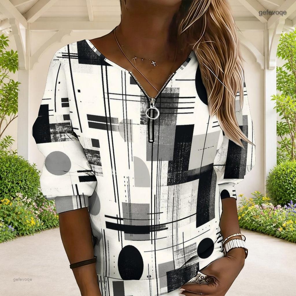 Women Plus Size V Neck Front Zip Geometric Printed Long Sleeve Ribbed Cuffs Sweatshirt