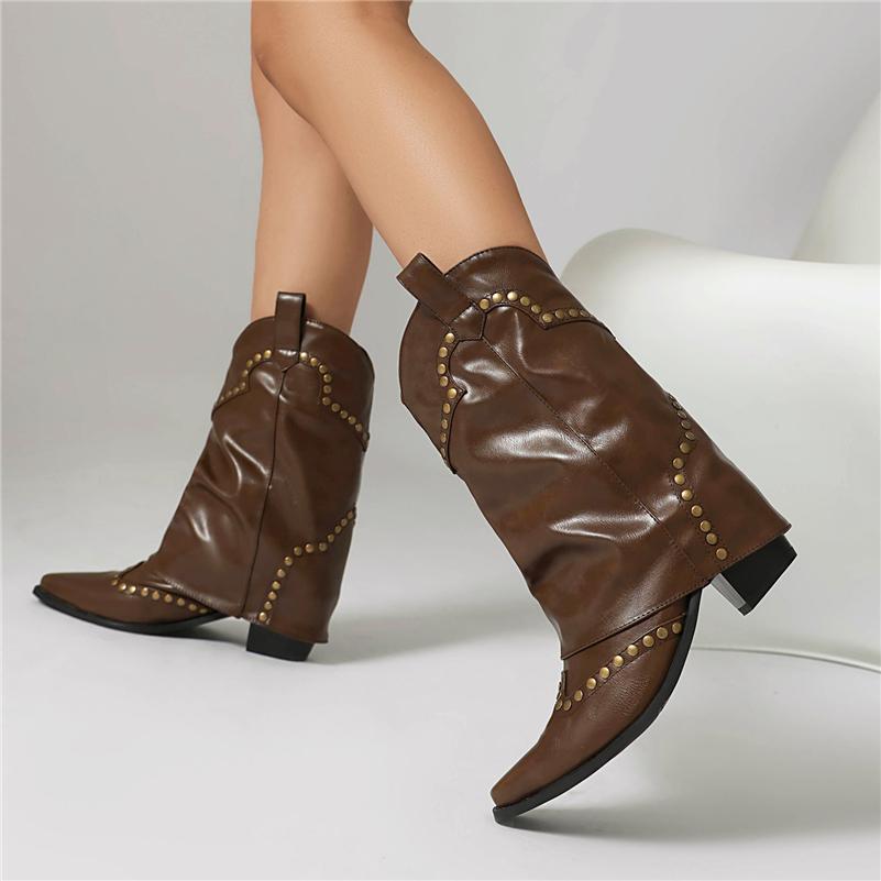 FOREADA Women Mid Calf Cowgirl Boots Round Toe Block High Heels Cowboy Boots Metal Decoration Western Boots Ladies Fashion Shoes Autumn Winter
