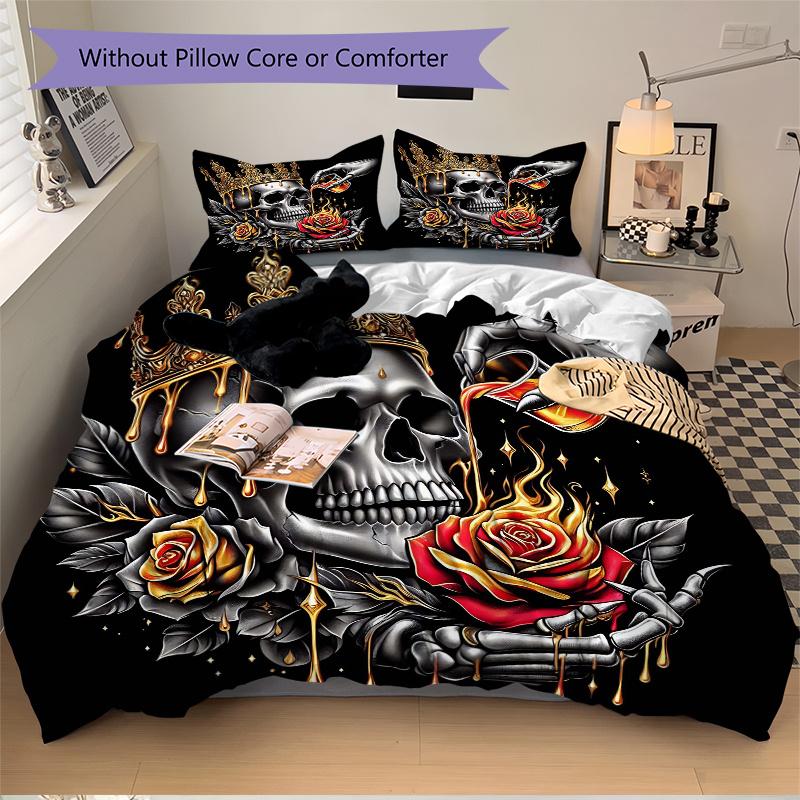 3pcs Golden Crowned Skull with Roses Quilt Cover Set - Soft and Cozy Bedroom, Guest Room and Dorm Decorative Bedding