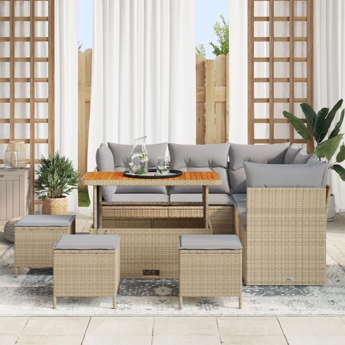 Ensemble de Canapé de Jardin 9 Pièces avec Coussins Beige Poly Rattan Acacia, Ensemble de Salle à Manger de Jardin 4 Pièces 3361492