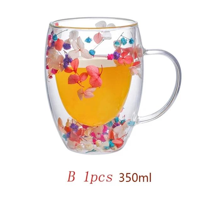 250/350ml Double Wall Coffee Mug With Handles Clear Milk Cups Gifts Glass Cup Fill Artificial Simulation Flowers Teacup