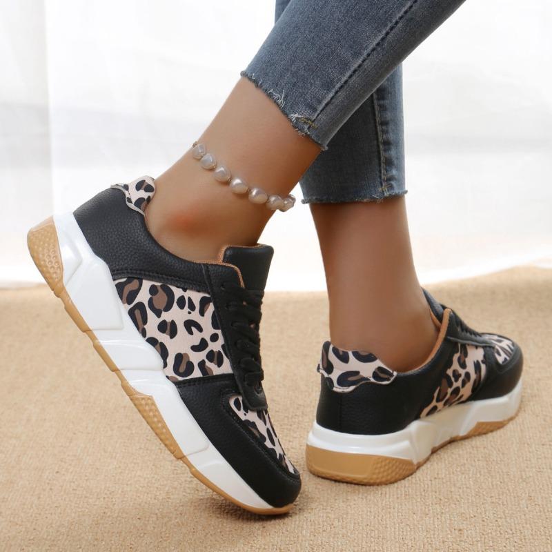 Women‘s Shoes Spring Leopard Print Casual Single Flat Lace-Up Large Size Sports.