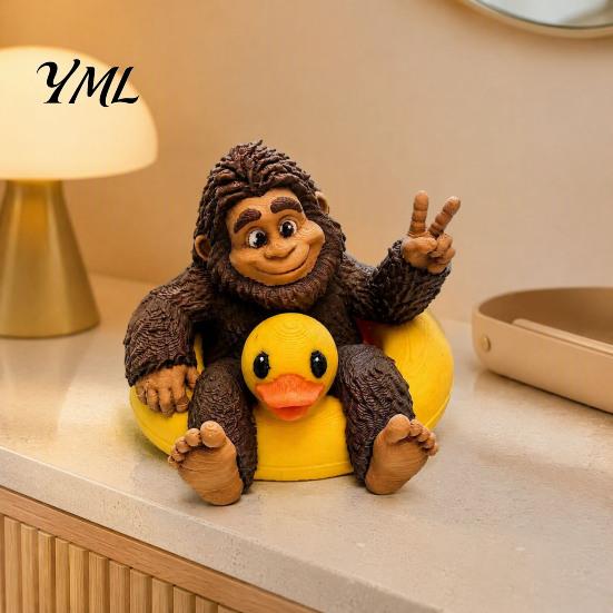Lifelike Resin Statue Sasquatch And Duck Figurine, on Swimming Ring Statue, Small Collectible Ornament Funny Animal for Home Tabletop Shelf