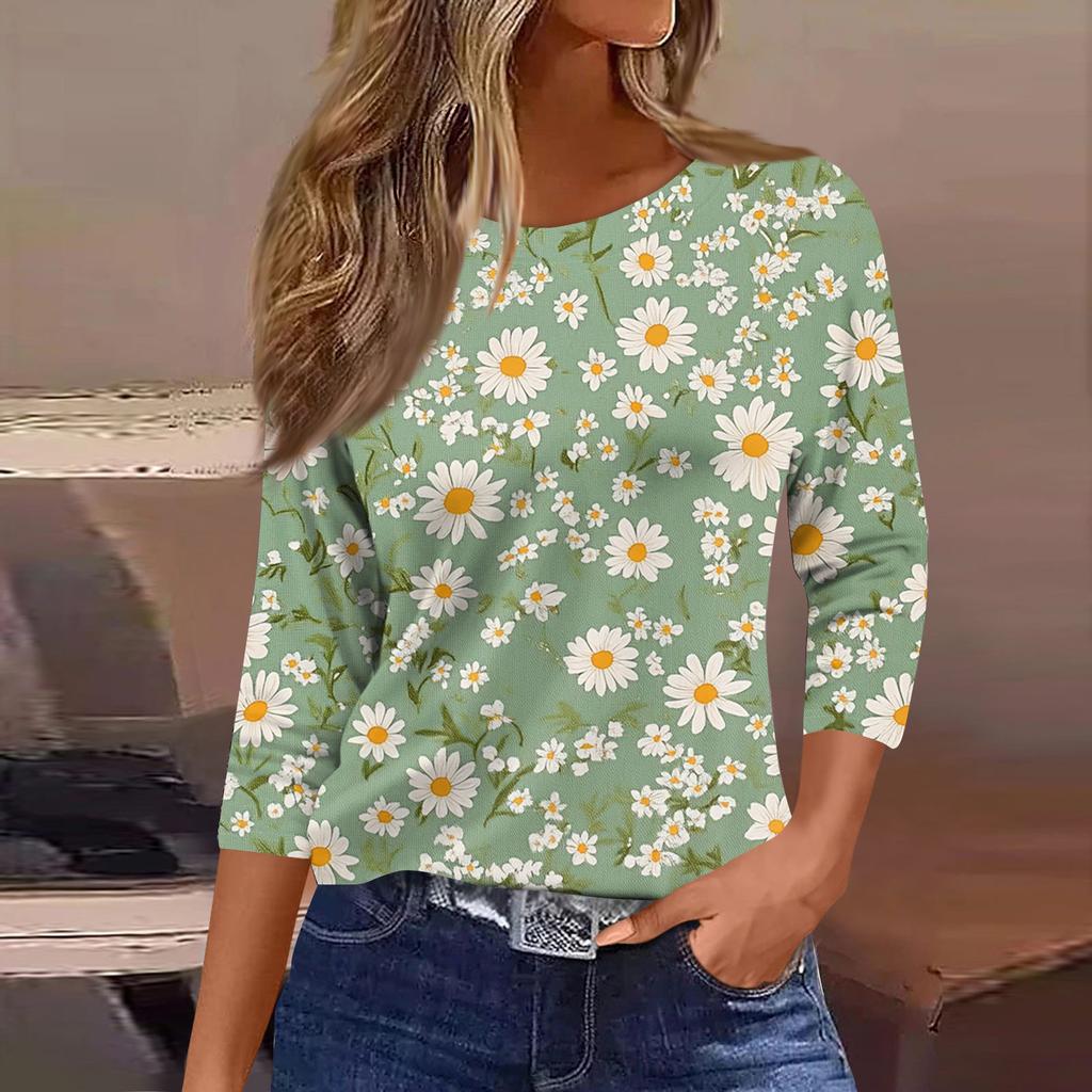 Women's Fashionable Casual Round Neck T-Shirt With Floral Print And Three-Quarter Sleeves