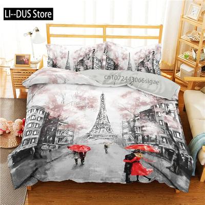 Eiffel Tower Duvet Cover Set King Size Paris Tower Bedding Set Microfiber French Style Home Decor Grey Cityscape Bedspread Cover