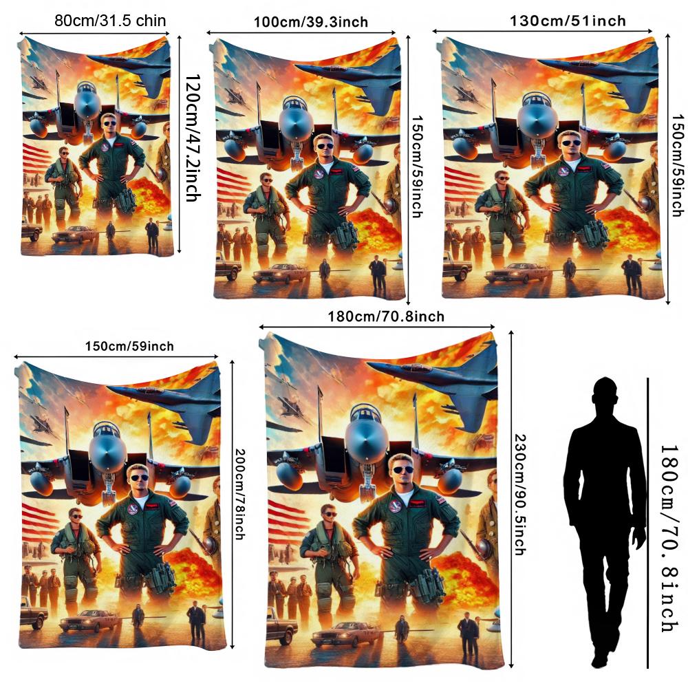 Top Gun Style Fighter Jet Pilot Poster Pattern Theme Flannel Blanket Skinfriendly Warm Throw Blanket For Living Room Office Nap Home Party Decor