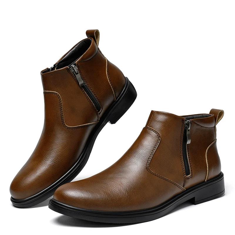Fashion Brogue Chelsea Men Boots Classical Style Leather Ankle Boots Genuine Leather Mens Winter Plush Snow Botas Walking Shoes