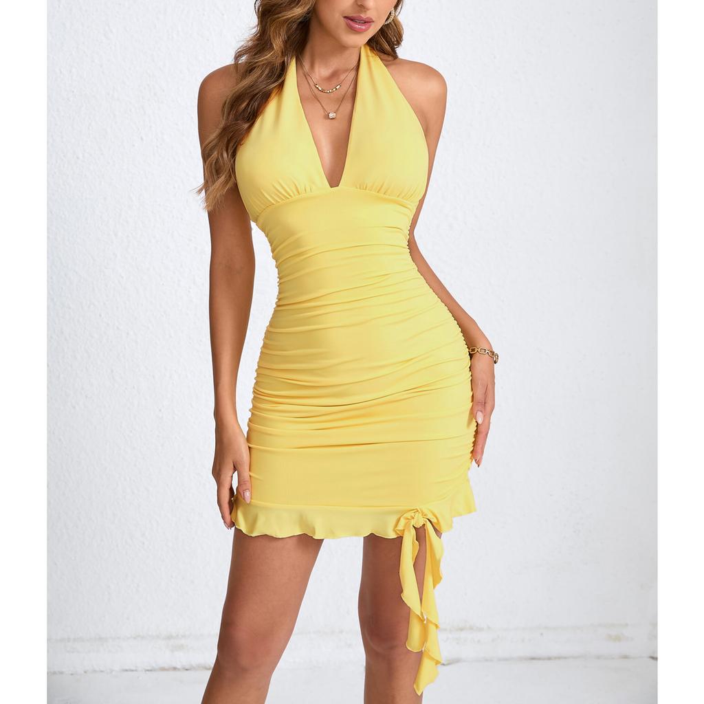 Women's European and American Sexy Hanging Neck Bag Buttocks Skirt Ruffle Edge Women's Skirt Fashionable Dress