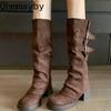 Retro Women Trouser Legs Removable Belt Buckle Autumn Winter Thick Heel Ladies Elegant Long Booties for Adult Women