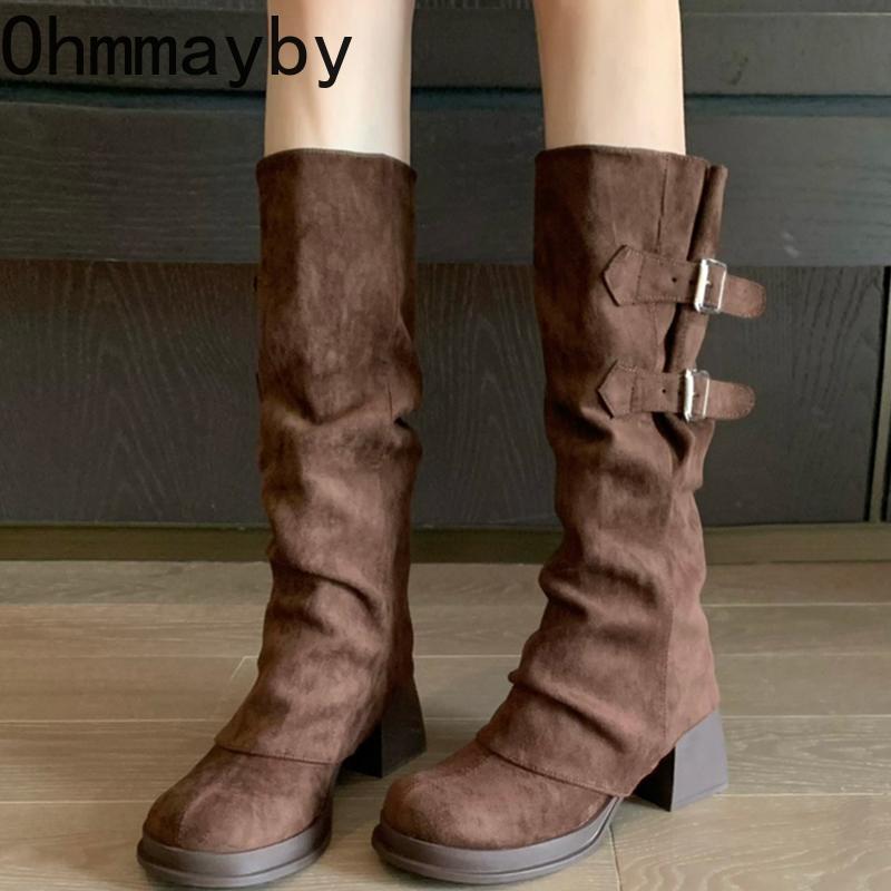 Retro Women Trouser Legs Removable Belt Buckle Autumn Winter Thick Heel Ladies Elegant Long Booties for Adult Women