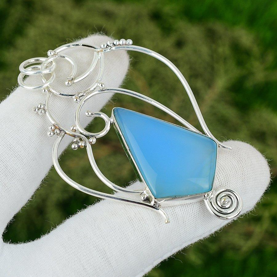 Pentagon Natural Blue Chalcedony 925 Silver Bezel Throat Chakra Handmade Pendant