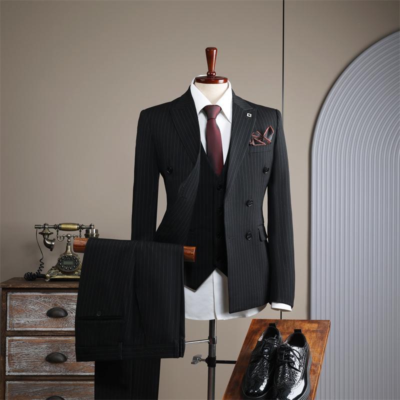 Apricot White Striped Double-Breasted Slim-Fit Suit Set for Casual, Groom, or Formal Business Attire.