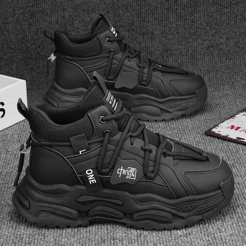 High-top Men's Shoes Winter New Trend Niche Original Sports and Leisure Students Thick-soled Heightening Leather Dad Trendy Shoes