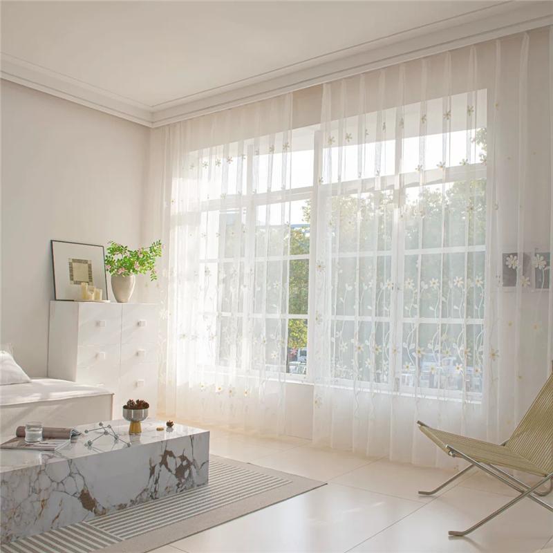 Korean Chamomile Embroidered Sheer Curtain White Elegant Transparent Window Screen Rod Pocket-Hook For Lving Room and Bedroom