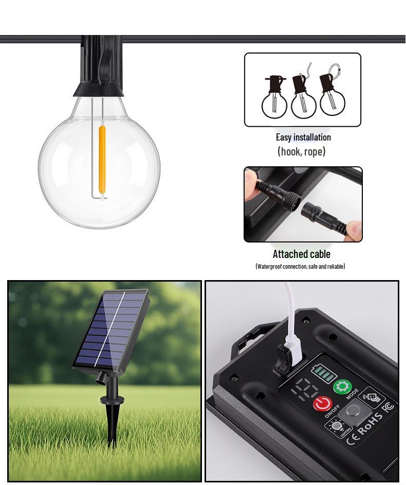 G40 Waterproof Solar LED String Lights - Outdoor, Drop-Proof, Remote-Controlled for Camping, Gardens, Weddings, and Christmas Decorating.