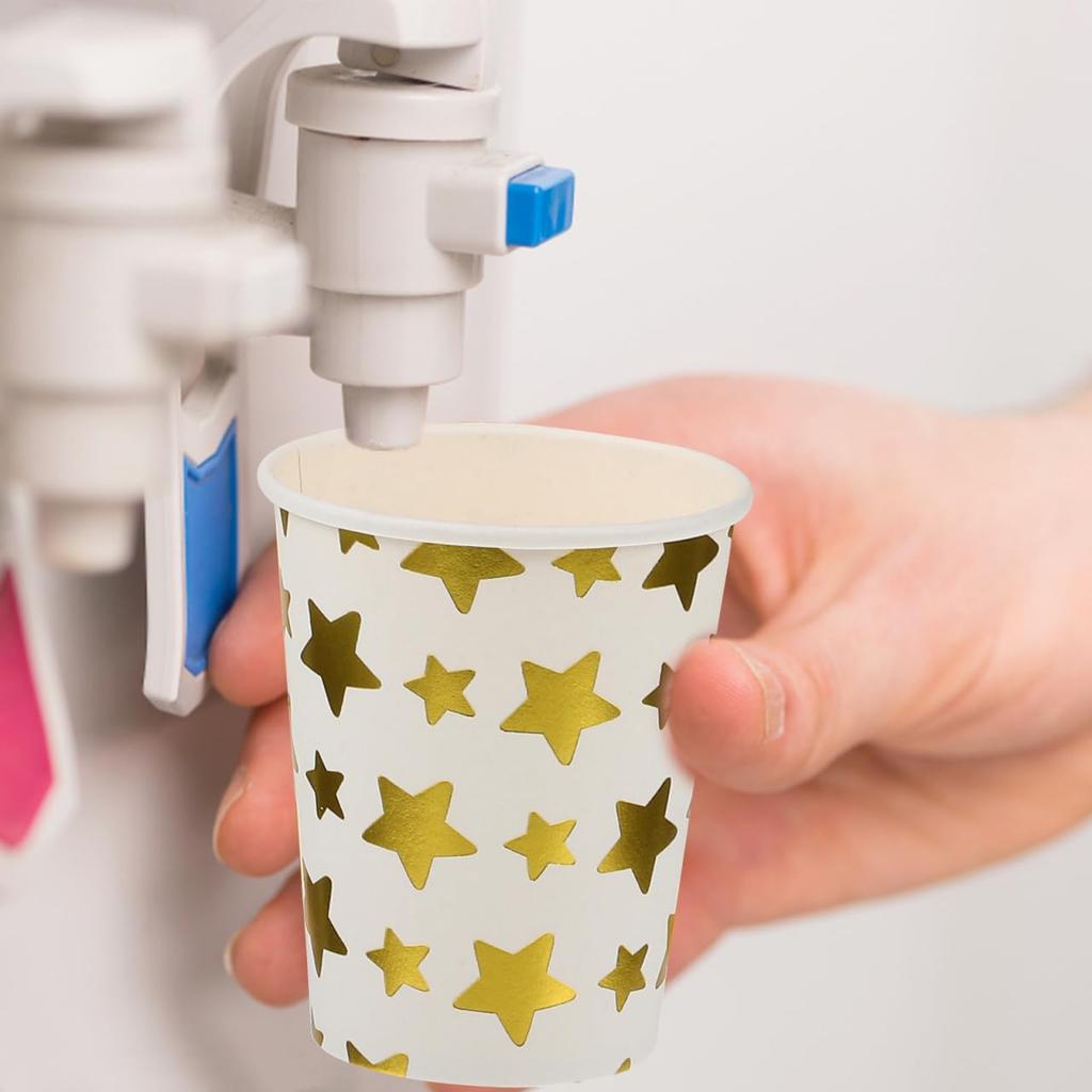 Amosfun Disposable Paper Cups, 250ml, Heat-Resistant, Thick, Gold with Star Pattern, Set of 100, Commercial Use, Insulated, Stylish, Durable, and Leak