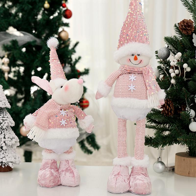 Pink Sequin Snowman Plush Toy: Retractable Christmas Decoration for Windows