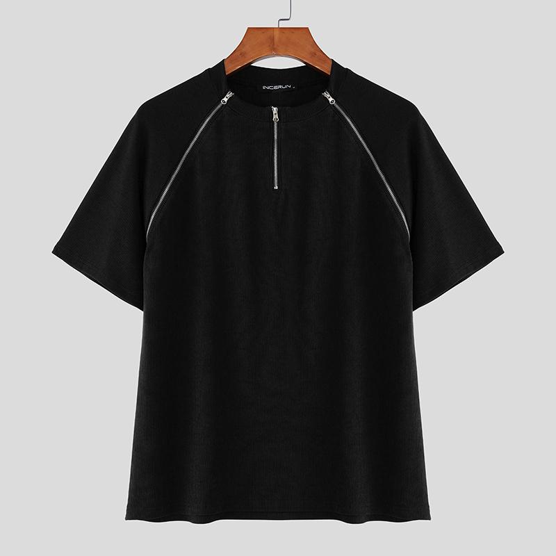 INCERUN Men Round Neck Short Sleeve Zipper Casual Fitted T-shirts