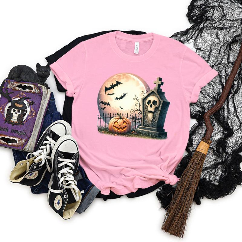 Pumpkin Skeleton Horror Halloween Tshirt Women Spooky Season Shirt Horror Pumpkin Graphic T Shirts Women Skeleton Halloween Top