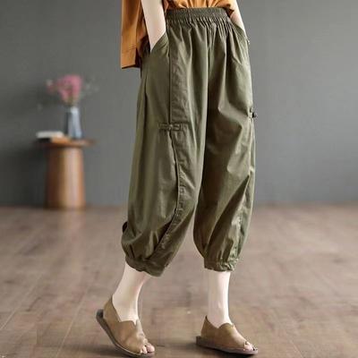 Summer Cropped Pants Casual Women's Vintage Buckle Splicing Plus Size Haren Pants