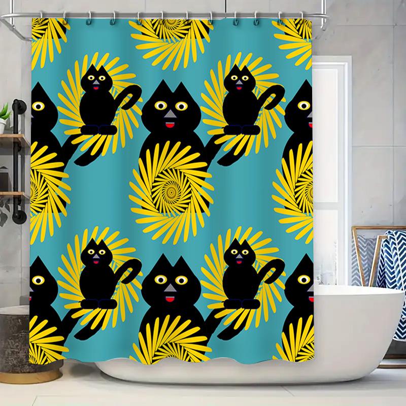 

Bright Blue Cat Shower Curtain With Black Yellow Floral Print For Bathroom Decor W60H190(CM)-1 Pcs