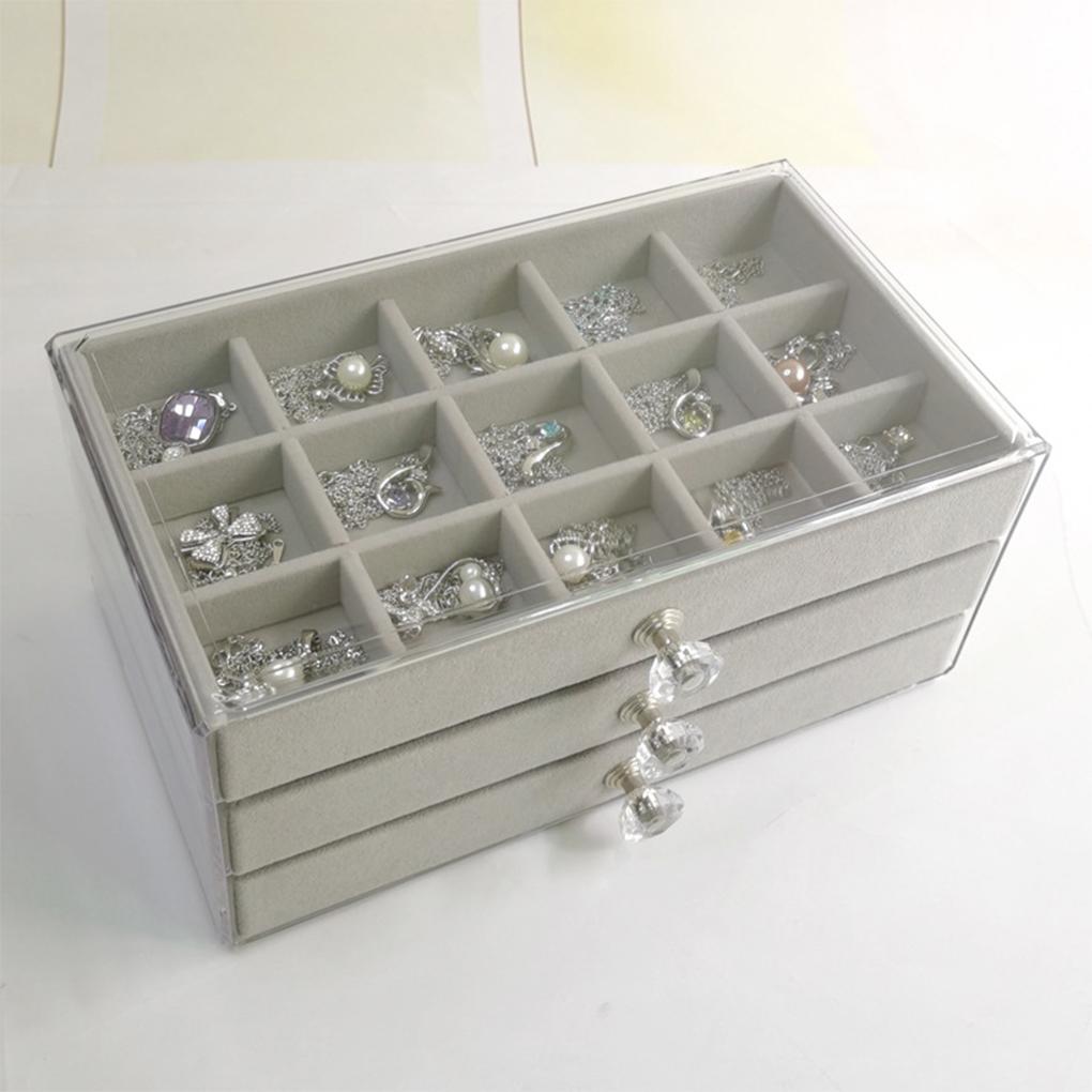 3 Layers Box 45 Grids Storage Jewelry Drawer Transparent Velvet Case Display Fashionable Holder for Women Girls