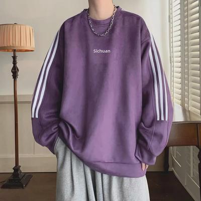Herren-Sweatshirt aus Wildleder mit Streifen im Retro-Stil – Rundhalsausschnitt, lockere Passform, Frühlings-/Herbstmode-Markenoberteil
