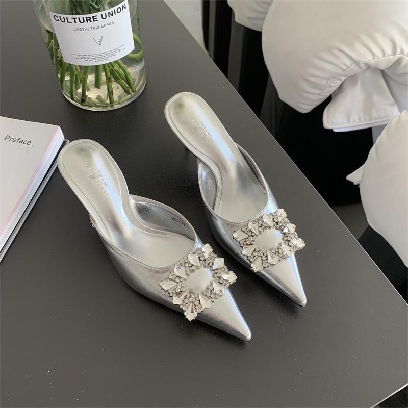 French High Heeled Design Bag Head Half Slippers Square Buckle Rhinestone Outer Wear Pointed Thin Heel Spring And Summer Half Support Single Shoes