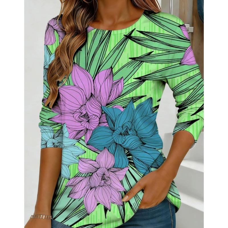 Spring Autumn Women's T-shirt O Neck Long Sleeved 3D Floral Print Fashion Loose Casual Retro Tops