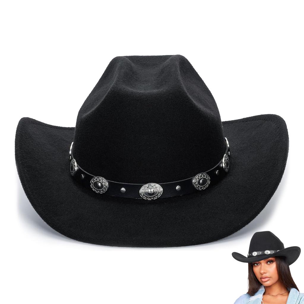 Felt Cowboy Hat for Women Men Rolled Wide Brim Cowboy Hats Western Hat with Buckle Belt Cowboy Cowgirl Hat