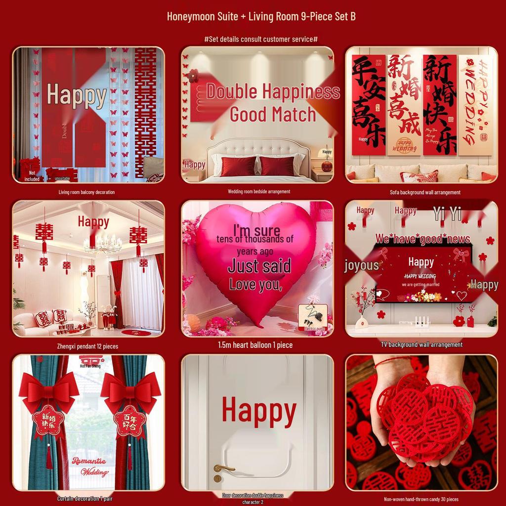 Wedding Room Décor Set: Bride & Groom Bedside Background with Pull Flowers & Double Happiness KT Board