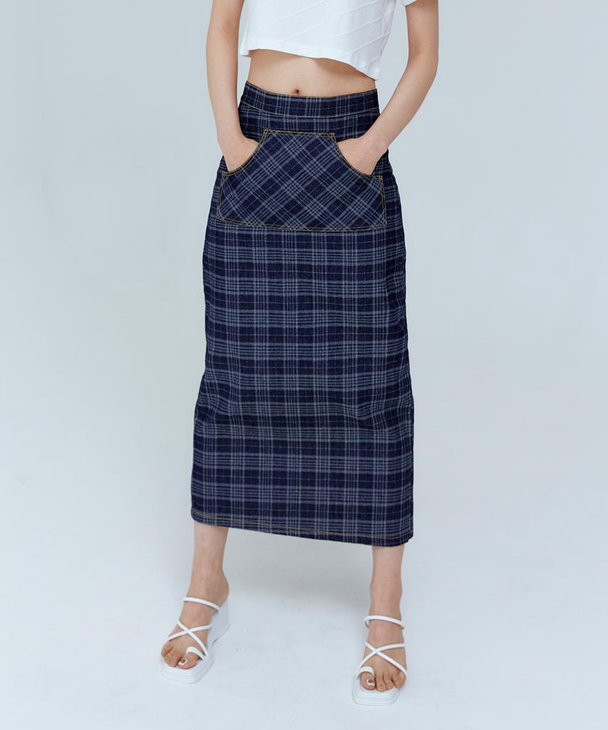 Ridge Kangaroo Pocket Check Denim Long Skirt