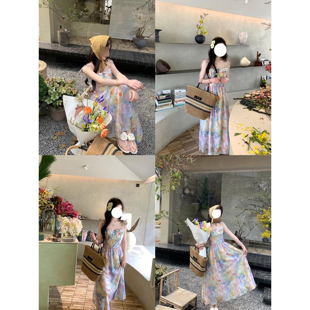 

Дофаминовое цветочное платье-комбинация, фея лета, красивая юбка по талии, длинная юбка для отпуска в Юньнани XL- (recommended 110-60kg)