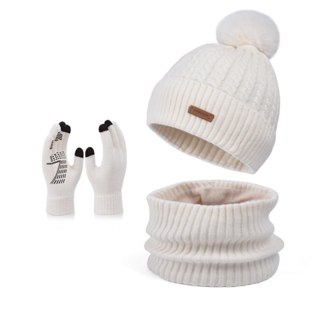 3pcs Solid Color Hat Scarf Gloves Set Warm Winter Beanie Hat Simple Thermal Knit Cap  Outdoor