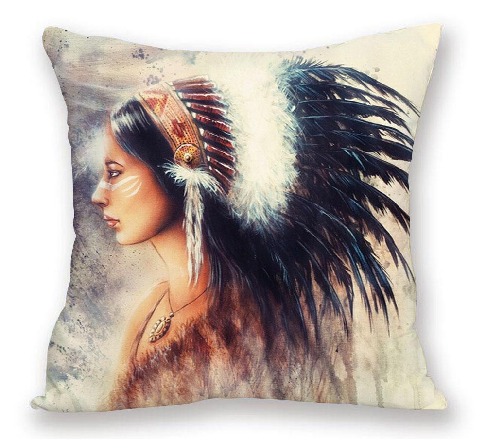 Eagle Wolf Animals Woman Portrait Painting Home Cushion Cover Xcm Decorative Pillows For Sofa