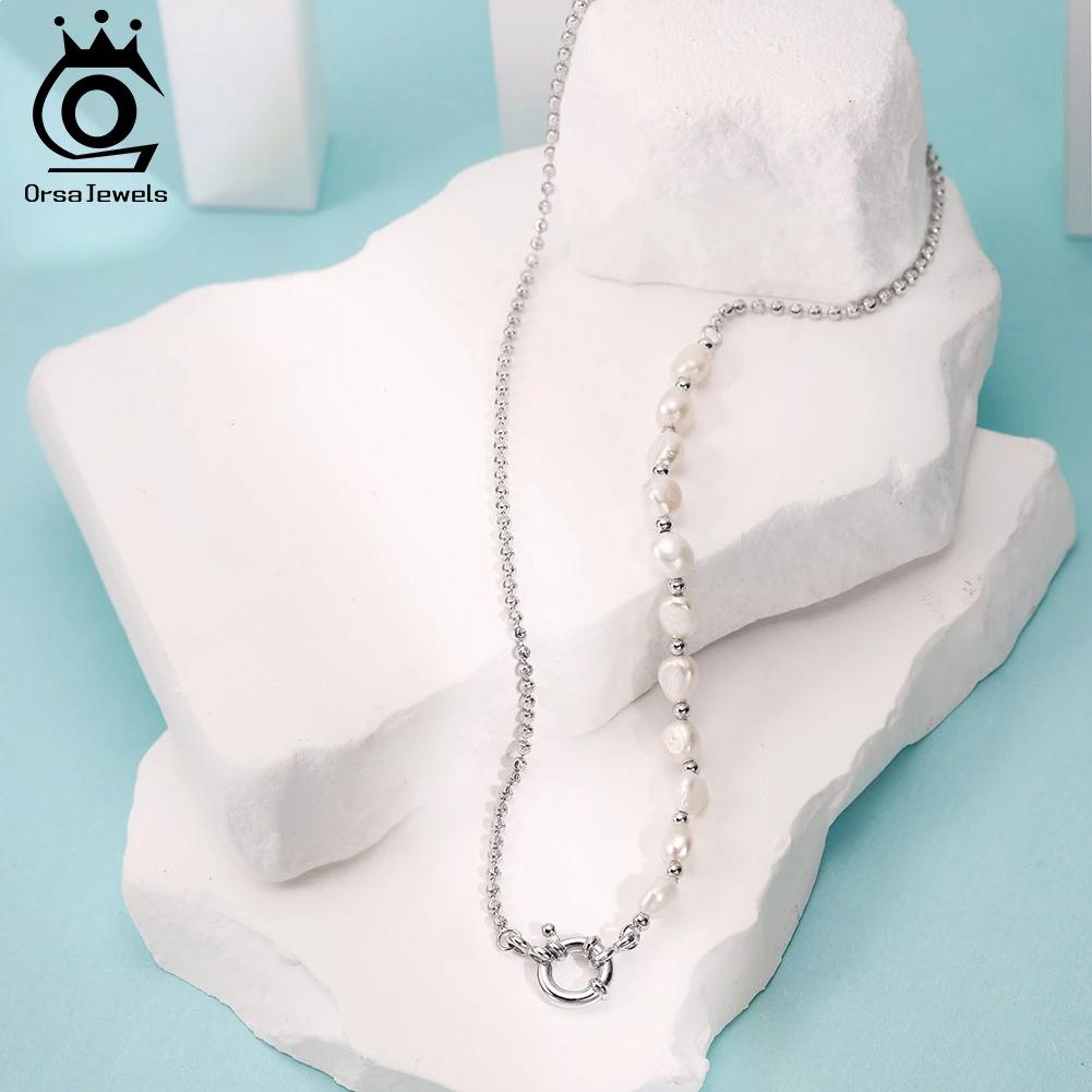 ORSA JEWELS S925 Silver Half Pearl Chain Necklace Choker for Women Jewelry Dancing Party Dating Wedding Vacation GPN92
