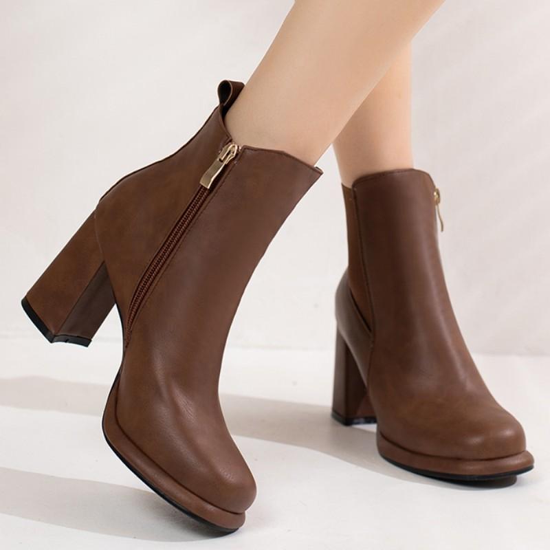 Vintage Ankle Boots Women Shoes Autumn Winter Women's Cowboy Short Boot Square Toe Black Heeled Party Shoes Ladies Large Size 48